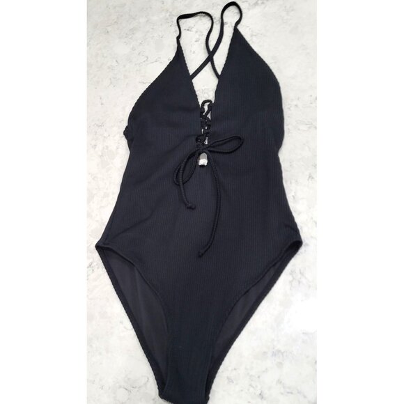 Cupshe Black One-Piece Swimsuit with Lace-Up Front & Crisscross Back Size S - Picture 1 of 6